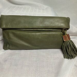 India Hicks Sage Leather Clutch with Tassel